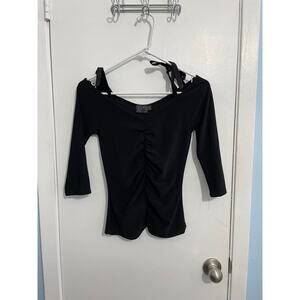 Y2K MMMMMMM Shirt Small Black Off The Shoulders Velvet Ties Cropped Ruched Club